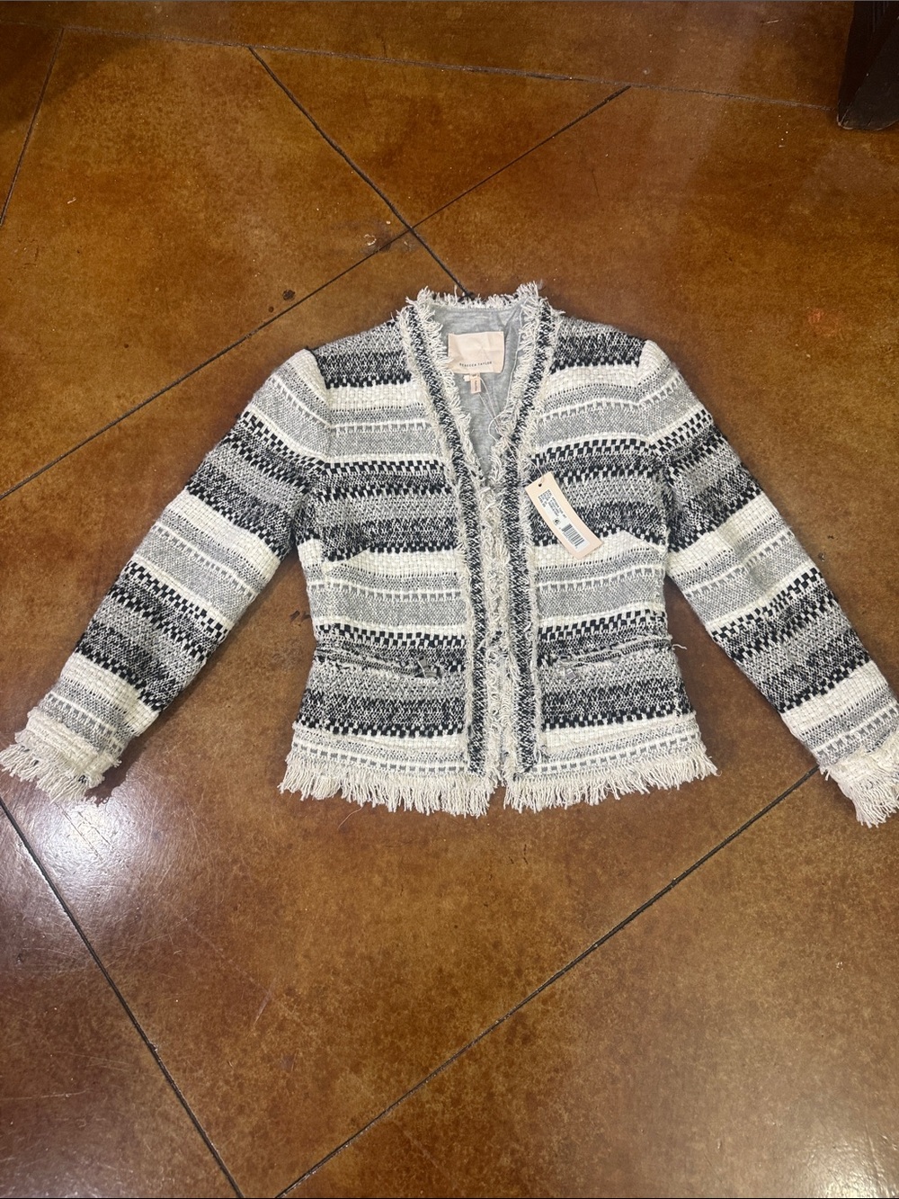 Rebecca Taylor Black & White Fringe Tweed Open-Front Blazer